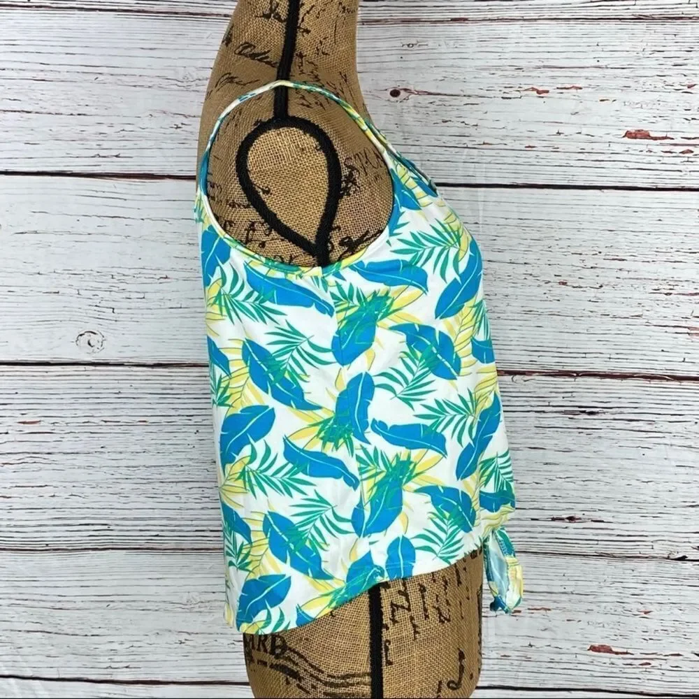 Poof Leafy Palm Print Tie‎ Front Strappy Neckline Tank Top Green Yellow Large